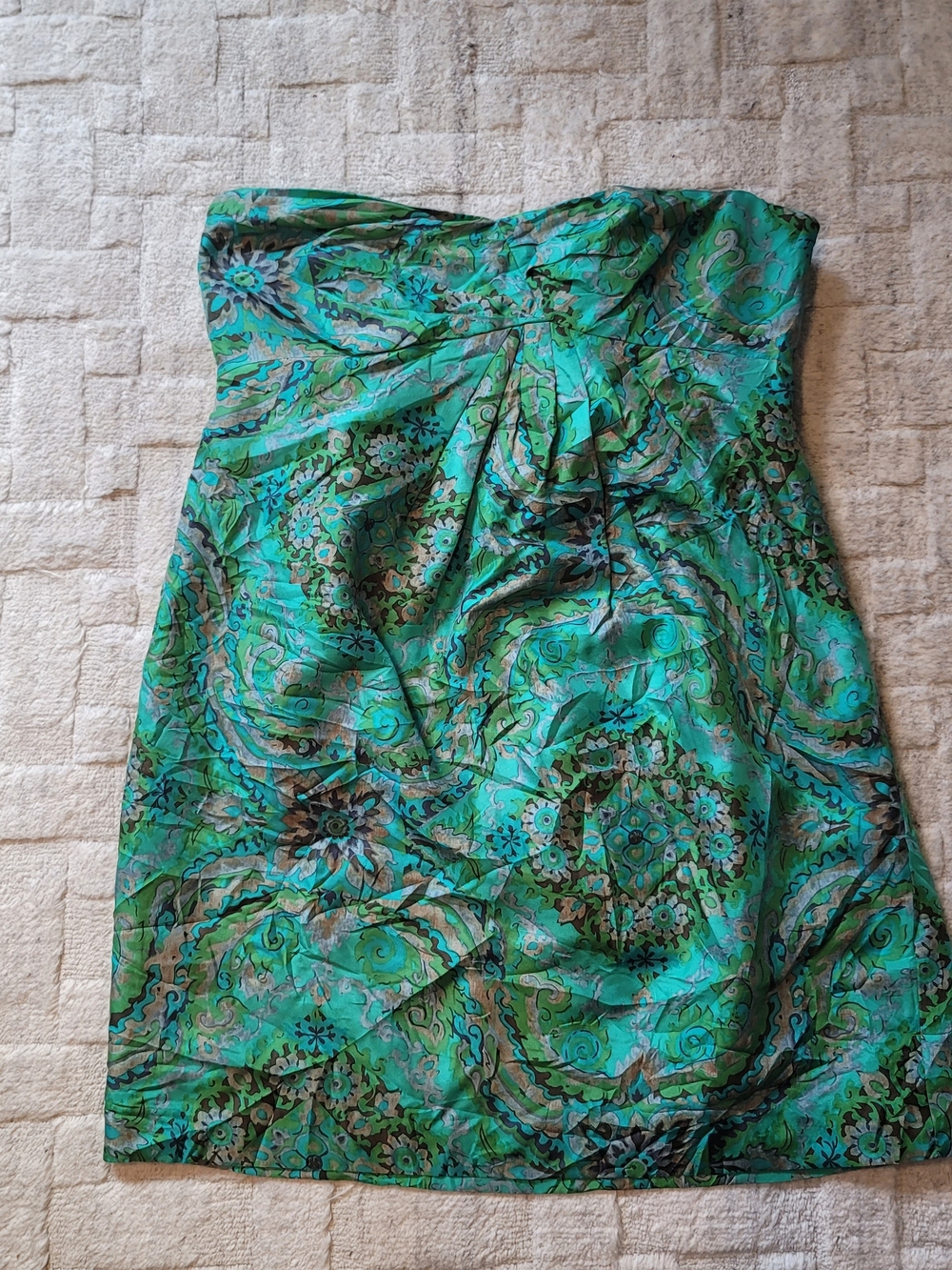 J CREW Strapless Silk Vibrant Green Paisley Print Cocktail Dress Size 12